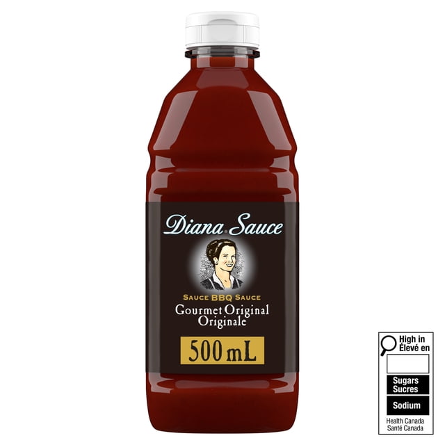 Diana Sauce Original Barbecue 500mL bottle with dark brown label featuring a vintage portrait and white and gold text, white screw cap, casein-free gourmet BBQ sauce suitable for grilled pork, chicken, or as a dipping sauce in bulk grocery sauces.