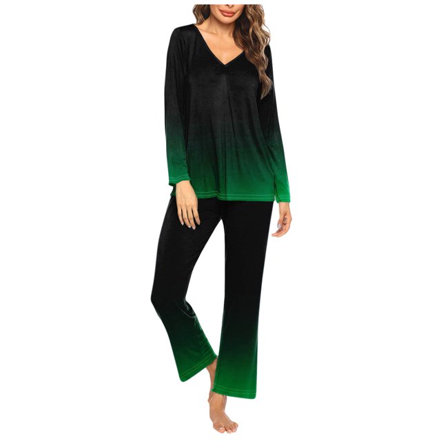 Timegard Ensembles de Pyjamas pour Femmes 2 Pcs Confortables Couleur Dégradée Manches Longues Col en V Haut et Pantalon Tenues de Pjs