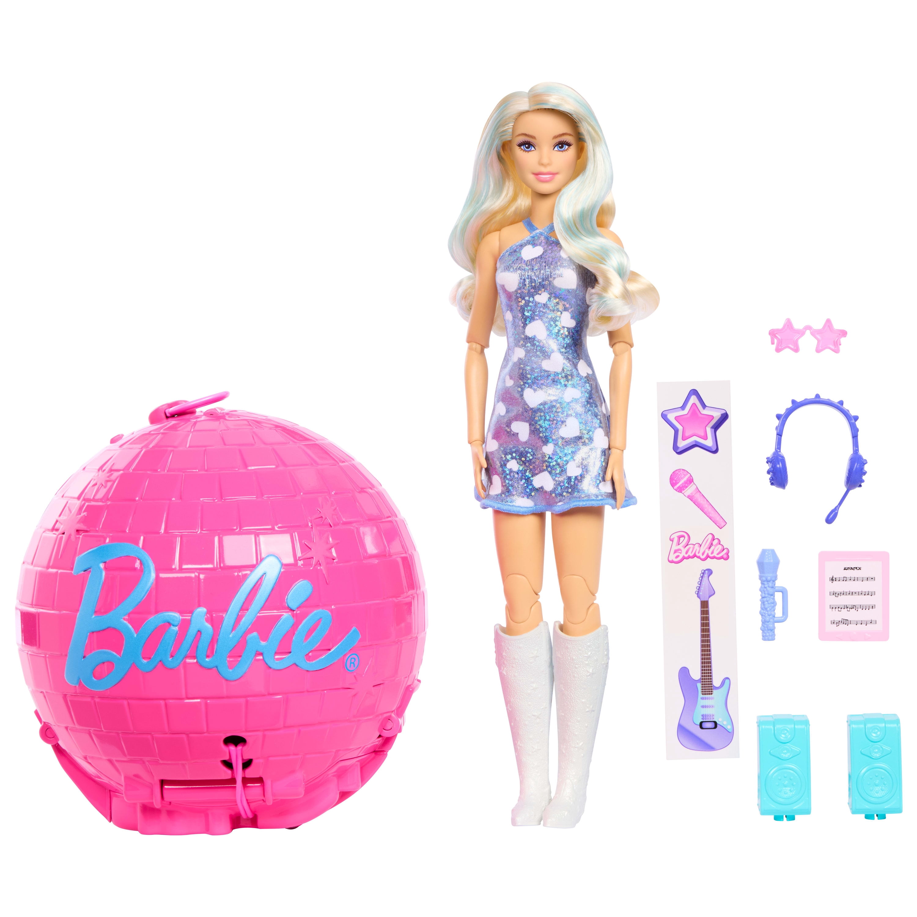 Barbie Team Roll and Reveal Poupée et accessoires Barbie Vedette pop, poupée mode blonde, 8 surprises et boîtier en forme de boule disco
