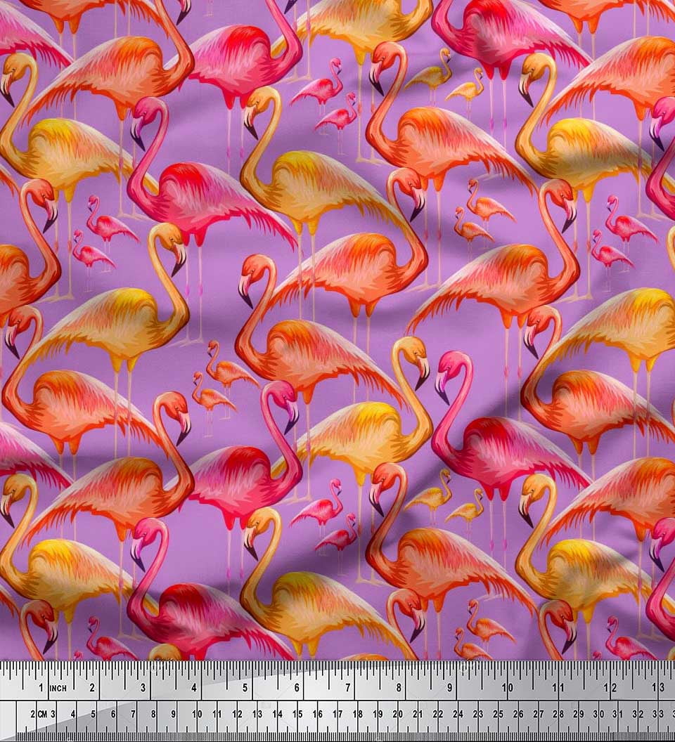 Soimoi Crepe Silk Fabric Flamingo Bird Printed Fabric 1 Yard 42 Inch Wide