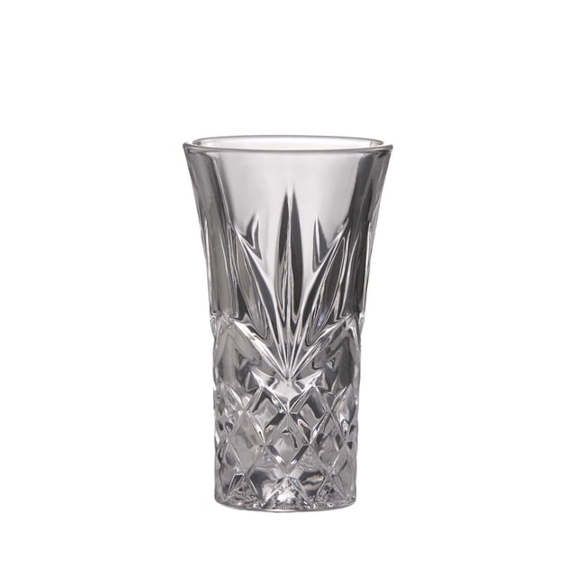 Ashford Shot Glasses Set showing a single clear cut crystal shot glass with vertical starburst and horizontal diamond etchings, ideal for barware and entertaining, with a substantial weight for a luxurious feel.