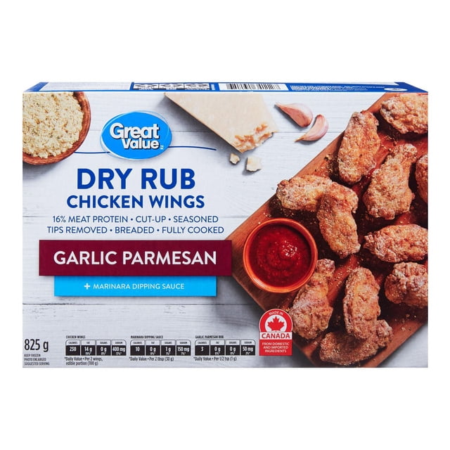 Great Value Frozen Dry Rub Garlic Parmesan Chicken Wings box displaying fully cooked, breaded chicken wings seasoned with garlic parmesan dry rub, served with marinara dipping sauce in a small bowl, arranged on a wooden tray with garlic cloves and parmesan cheese wedge on a white wooden background, suitable for frozen snacks and appetizers.