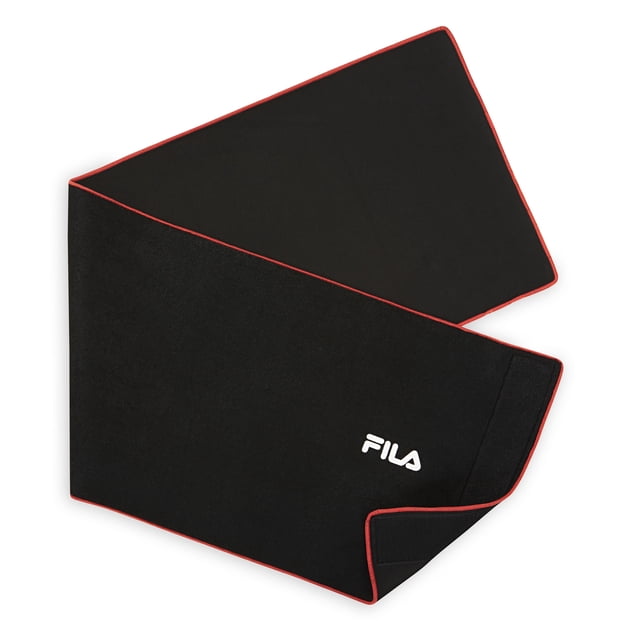 Fila Slimmer Belt (12" Black/Red), unisex adjustable waist trimmer belt made of black neoprene with red trim, featuring a contoured design and white FILA logo, secured by a hook-and-loop fastener for core support and increased sweat during workouts, also suitable for yoga and running.