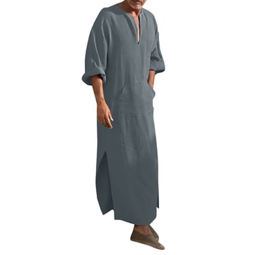 Kaftan Thobe pour Hommes Décontracté à Manches Longues Peignoir pour Hommes Thobe Arabe avec Poches Thobe Musulman Thobe Gris