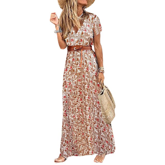 Bellella Robes Évasées pour Femmes Robe Longue Maxi Imprimée Florale Col en V Kaftan Robe d'Été Ample Manches Courtes Vacances Rouge TG