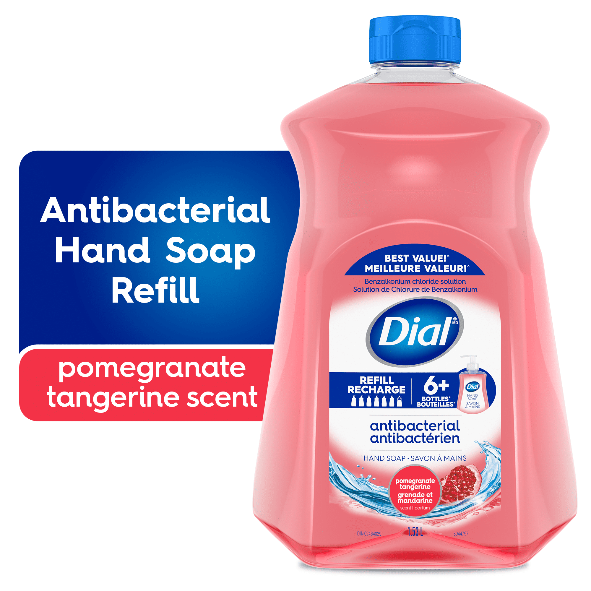 Dial Savon à Mains Antibactérien Liquide, Parfum Grenade et Mandarine, 1.53 Litres, Testé par des Dermatologues, pH Équilibré, Sans Silicones, Parabènes, Phtalates, SLES/SLS
