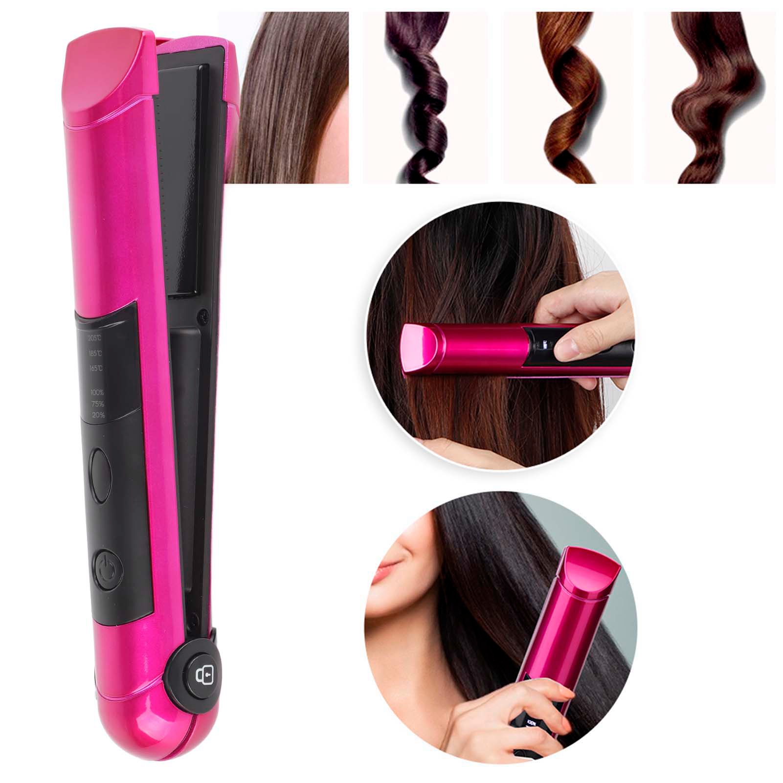 Hair Straightener, USB Rechargeable Multi-functional Mini Hair Straightener Curler Hair Styling Tool Hair Straightening Flat Irons Rose Red