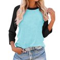 thumbnail image 2 of Plebaso T-Shirts à Manches 3/4 pour Femmes Col Rond Hauts à Blocs de Couleur Décontractés Amples T-Shirts Blouses pour Femmes, 2 of 4