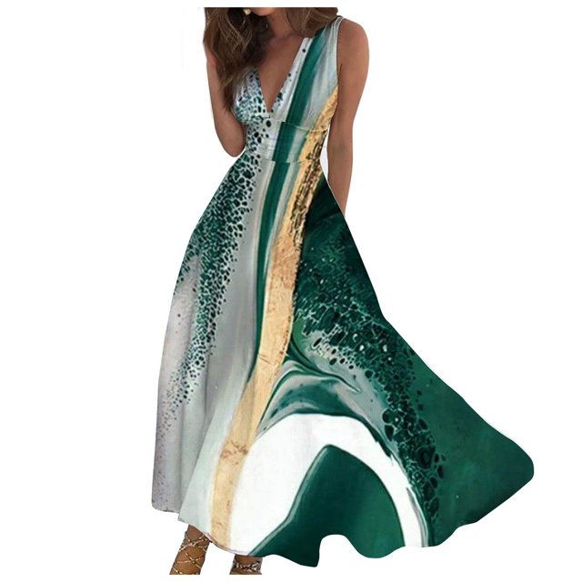 TJAZFJPA Robe de Soirée pour Femmes Élégante, Mode pour Femmes, Printemps et Été, Imprimée, Sans Manches, Col en V, Fermeture Éclair Latérale, Robe Style, Robes d'Hiver pour Femmes, Tendance 2025, Sorties de Plage, Robes pour Femmes