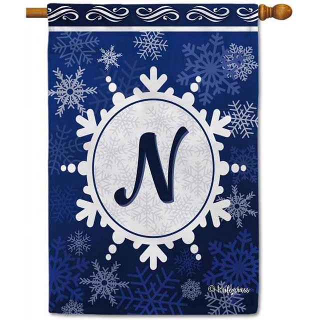 Welcome Winter Snowflake Monogram N Decorative House Flag Initial Letter Snow Deocr Banner for Inside and Outside 28x40 Inch Double Sided