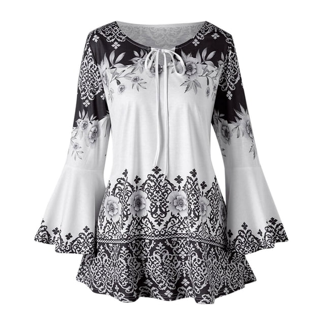 Leutsin Womens Plus Size Printed Flare Sleeve Plus Size Tops Blouses Keyhole T-Shirts in a black and white floral and geometric print. Features a keyhole neckline with tie detail, long flare sleeves, and a flowy hemline. Made of soft polyester fabric, suitable for casual or daily wear.