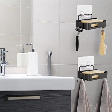Wall Mounted Soap Dish – Rust-Proof Stainless Steel Bathroom Wall Organizer, No-Drill Adhesive Soap Holder with Side Hooks, Grooved Tray for Kitchen Sink & Shower