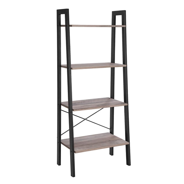 VASAGLE Ladder Shelf, 4-Tier Bookshelf, Storage Rack, Bookcase with Steel Frame, for Living Room, Home Office, Kitchen, Bedroom, Industrial Style, Greige and Black ULLS44MB A front-facing 4-tier ladder shelf in greige particleboard with a black steel frame, 12.6”D x 22”W x 54.1”H (32 x 56 x 137.5 cm), X-bar rear supports, adjustable feet and included anti-tip kit; styled with books and plants and often used as a compact display or small pantry organizer.