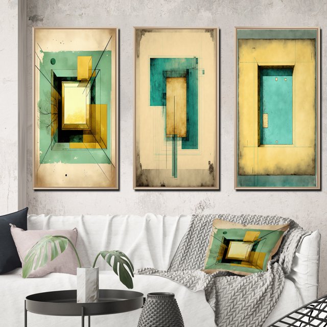 Designart "Faded Retro Illustrations - Intimate Impressions I" Modern Geometric Framed Wall Art Set Of 3 - Beige Abstract Geometric Frame Gallery Set For Office Decor