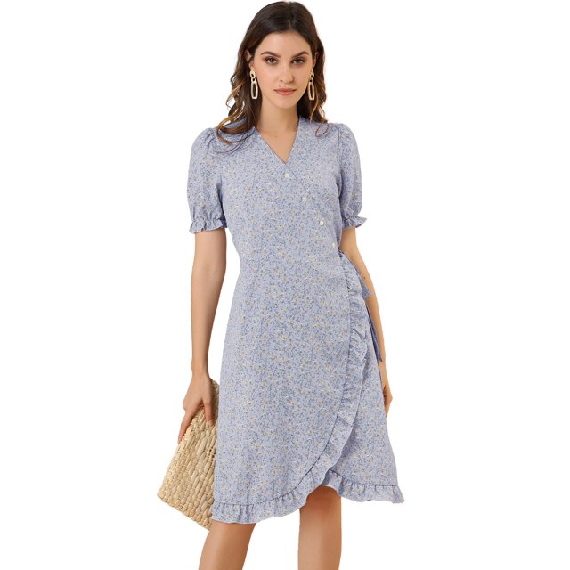 INSPIRE CHIC Women's V Neck Puff Sleeve Ruffle Hem Midi Floral Wrap Dress