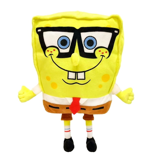 Sponge Bob Medium Size Glasses Smile Plush is a 13-inch tall soft plush toy of SpongeBob SquarePants with a bright yellow square body, blue eyes behind black glasses, red tie, brown shorts, and striped socks, suitable for children aged 3 and up, often used as a cuddly companion or room decoration.