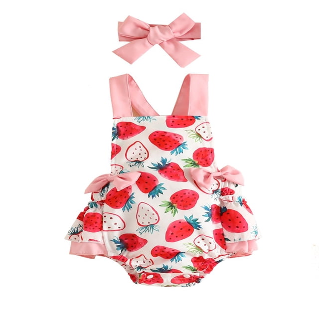 Barboteuse pour Bébé Fille Sans Manches Dos Nu à Imprimé Fraises Justaucorps Court Bandeau