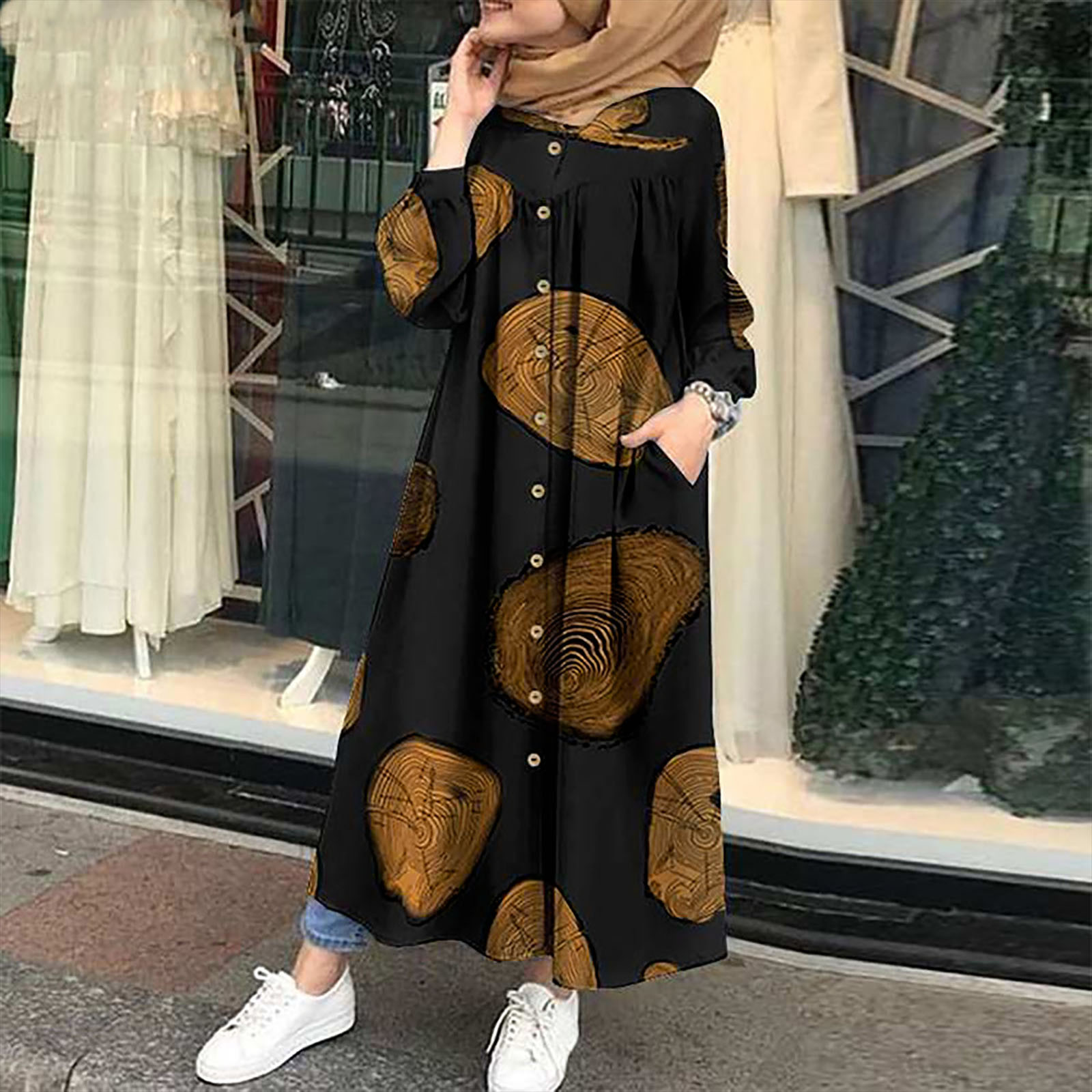 Robes Grande Taille Mode pour Femmes Col en V Ample Manches Longues Coton Lin Imprimé Robe Longueur Cheville Robe Longue Robe Maxi Grande Taille en Liquidation