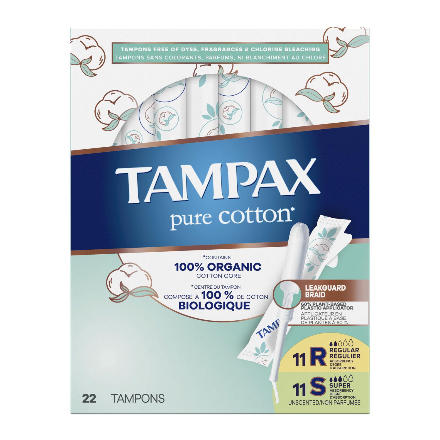 Tampax Tampons en Coton Pur, Contient un Cœur en Coton Biologique à 100 %, Absorption Régulière/super, Sans Parfum