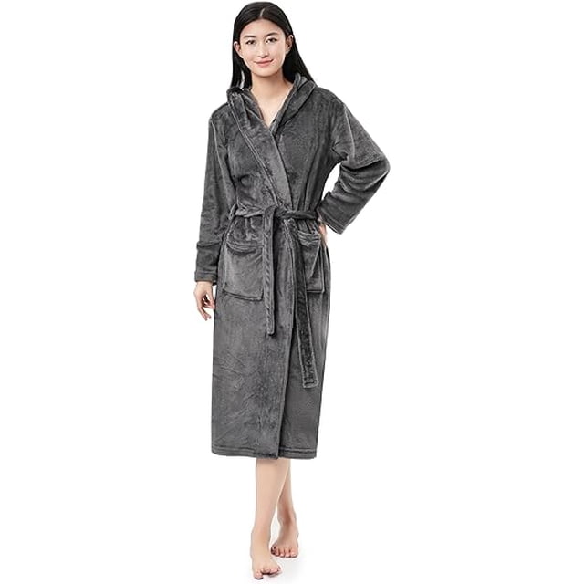 Sunny Forrest Graphite Comfort Hooded Robe for men and women in dark grey, shown in a full-length front view. The robe features a snug hood, deep front pockets, and a tie waist for a secure fit. Made from soft, machine-washable fabric, it offers comfort and practicality. Suitable for lounging or post-shower use.