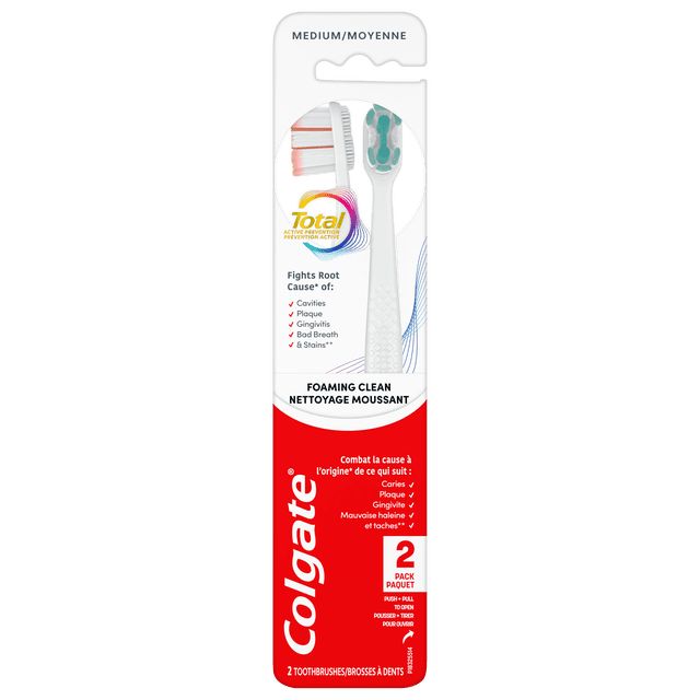 Colgate Total Active Prevention Foaming Clean Medium Toothbrush, White, 2 Pack
