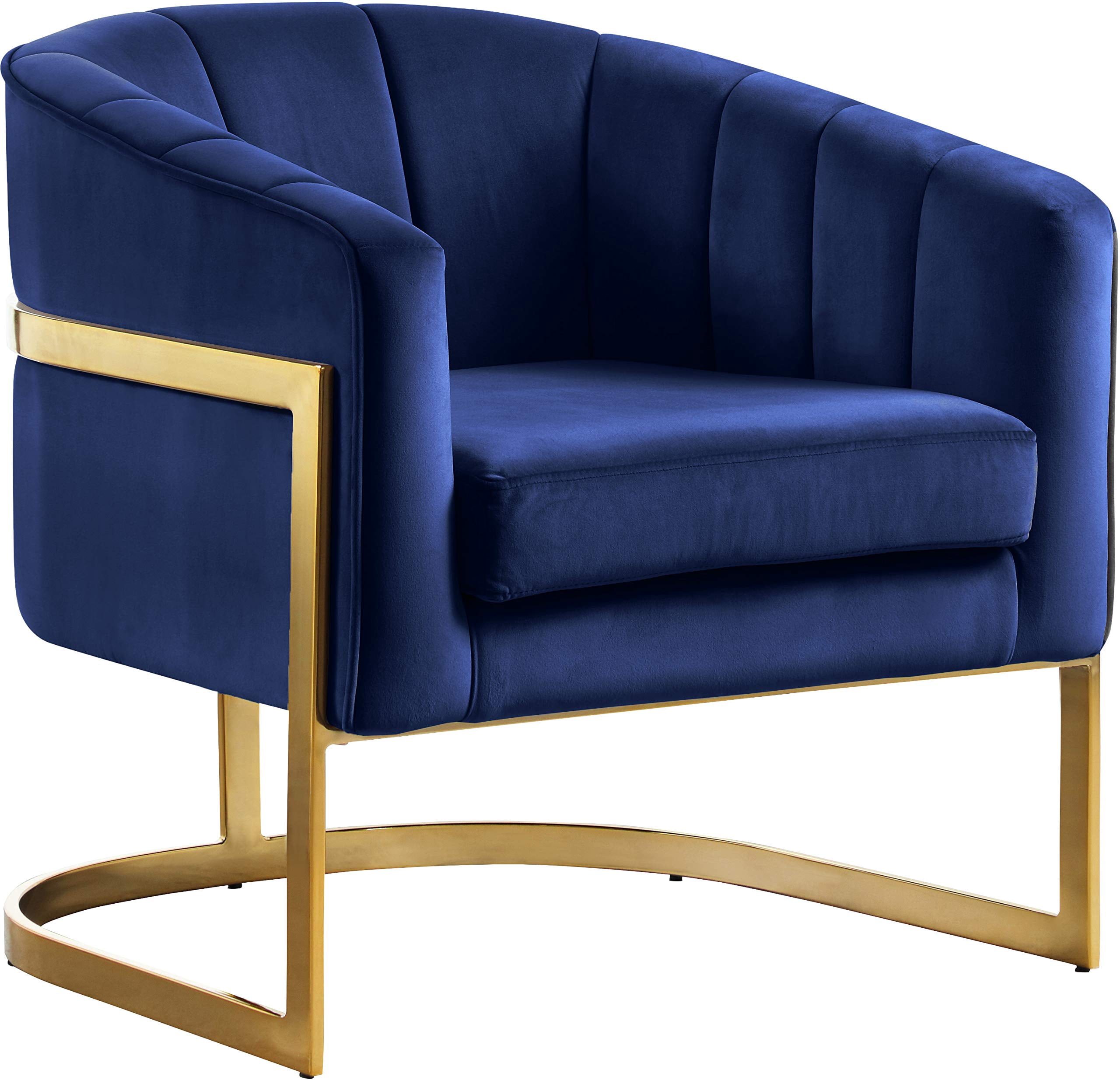 Meridian Furniture Carter Collection Fauteuil d'Appoint Moderne / Contemporain Rembourré en Velours à Dossier Tonneau avec Base en Acier Inoxydable Doré, Bleu Marine, 29 Pouces L x 27.5 Pouces P x 31 Pouces H