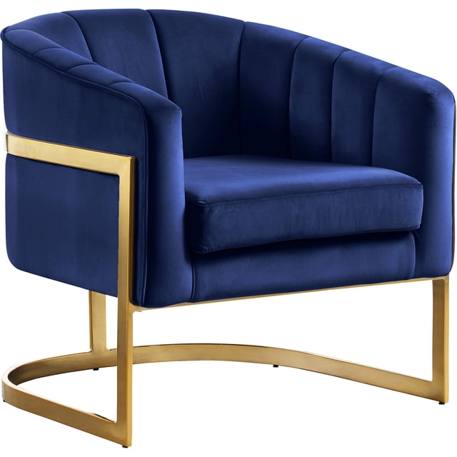 Meridian Furniture Carter Collection Fauteuil d'Appoint Moderne / Contemporain Rembourré en Velours à Dossier Tonneau avec Base en Acier Inoxydable Doré, Bleu Marine, 29 Pouces L x 27.5 Pouces P x 31 Pouces H