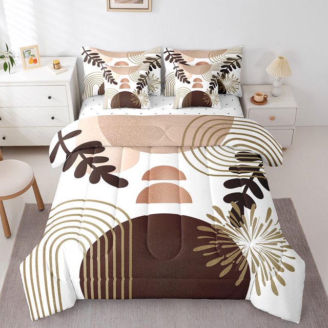 Boho Mid Century 7 Piece Comforter Set Full Bed in a Bag Abstract Geometric Bedding Sets,Modern Minimalist Simplistic Geometry Line Art Sheet Set,Circle Ombre Stripes Room Decor,Burnt Sienna