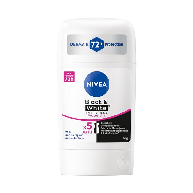 NIVEA Black & White Invisible 72-Hr Antiperspirant Deodorant Stick, Water Lily, 51g