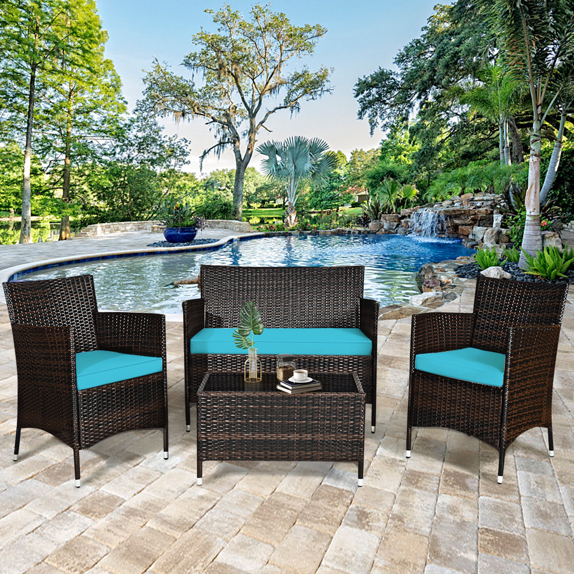 Gymax 4PCS Patio Rattan Conversation Furniture Set Outdoor w