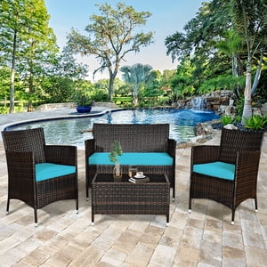 Gymax 4PCS Patio Rattan Conversation Furniture Set Outdoor w/ Turquoise Cushion