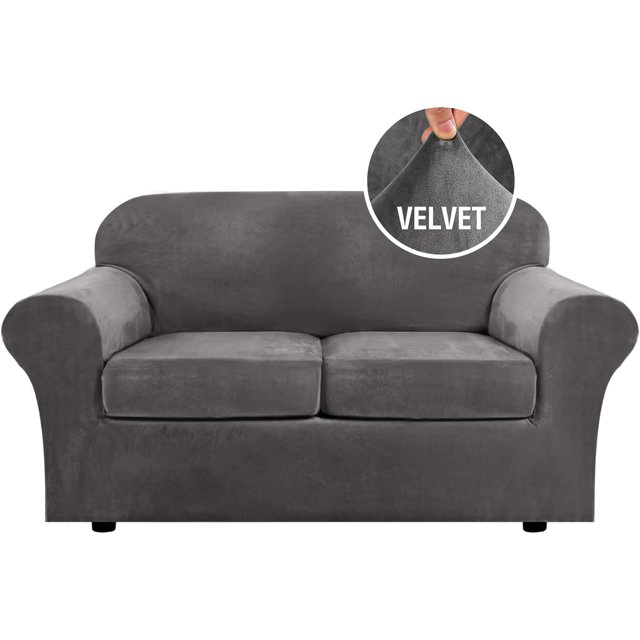 Modern Velvet Plush 4 Piece High Stretch Sofa Slipcover Furniture Protector in grey, featuring a luxurious velvet fabric with a soft and thick texture. The slipcover includes one base cover and three cushion covers, designed to fit sofas with a sitting width of 72-90 inches. The image highlights the stretchable and form-fitting design, suitable for both leather and cloth furniture. A close-up inset showcases the plush velvet material, emphasizing its softness and durability. Ideal for protecting furniture from stains and wear, while updating home décor.