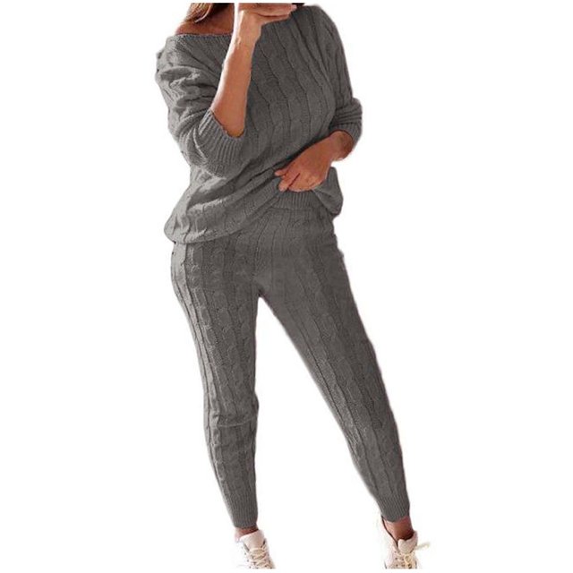 Pompotops Womens Solid Color Off Shoulder Long Sleeve Cable Knitted Warm Two-Piece Long Pants Sweater Suit Set