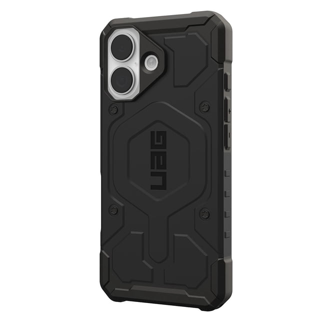 Étui Robuste UAG Pathfinder MagSafe Noir pour iPhone 17 Montré dans une Vue Arrière 3/4, Doté d'Un design Robuste Noir Écoresponsable avec module MagSafe Intégré, protection des Coins Améliorée, Motif Hexagonal Intérieur pour l'Absorption des Chocs, Cadre de Caméra Surélevé, Boutons Surdimensionnés et Prise tactile Antidérapante, compatible avec la Recharge Sans Fil.