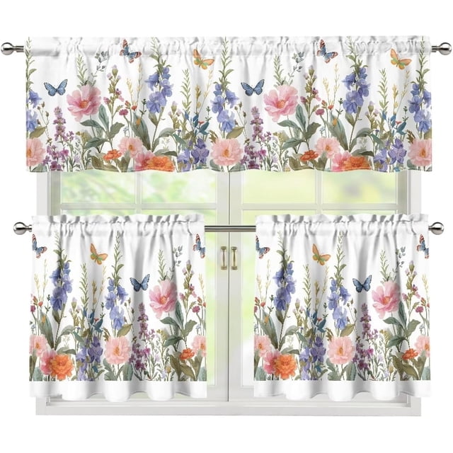 Butterfly Floral Kitchen Curtains Tiers and Valances Set, Rod Pocket Valance Short Window Treatment Decor Curtains, 3 Pieces Set Window Decorations, Easy to Install