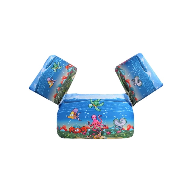 Honganda Swimming Ring Pool Cartoon Life Jacket Safety Vest Puddle Jumper with a vibrant underwater design featuring turtles, fish, and octopuses. Made from durable polyester with double stitching for tear resistance, it includes arm wings and an adjustable belt buckle for a secure fit. Suitable for toddlers aged 2-6 years for swimming in pools, lakes, or the sea. Requires continuous supervision for safe use.