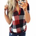 thumbnail image 2 of Femmes T-Shirt V Cou Manches Courtes V Cou Haut à Carreaux Imprimé Blouse Décontractée, Rouge, S, 2 of 4