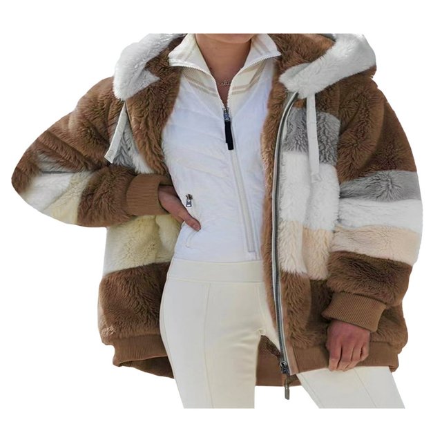 Women Fuzzy Fleece Hooded Coat Open Front Color Block Fluffy Hoodies Jacket Outwear with Pockets