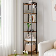 Bookshelf, Book Shelf, Industrial Bookcase with 2 Hooks, Coner Shelf Storage Organizer for Home Office, Living Room, Bedroom, Kitchen, 6-Tier Rustic Brown