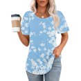 thumbnail image 2 of Hauts d'Été à Manches Courtes Femme Mode 2024 Blouses Plissées Chic Décontractées Col Rond T-Shirts de Couleur Unie (Grand, Bleu 04), 2 of 6