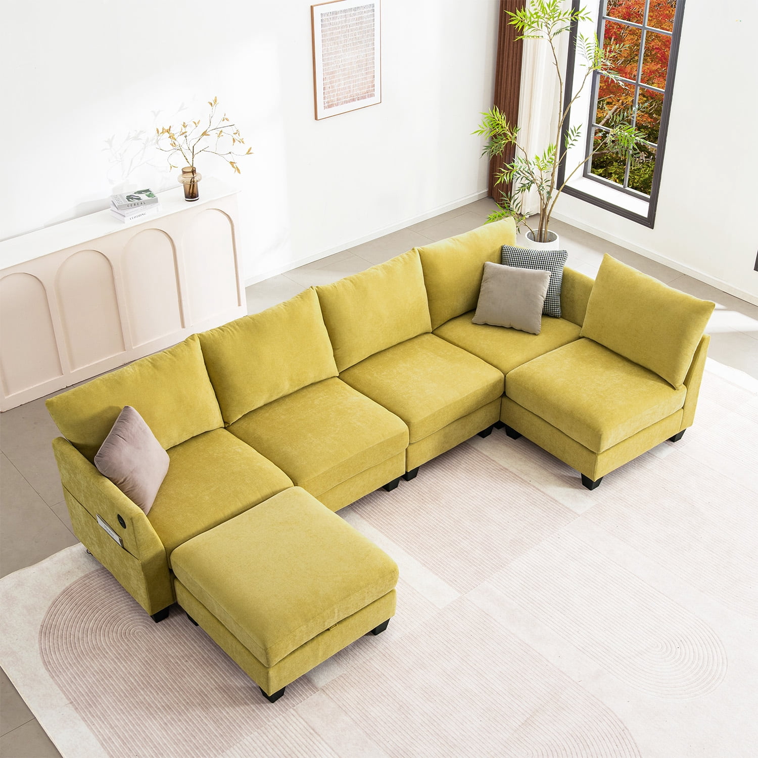 Canapé d'angle modulaire en forme de U 315 cm, 6 places, avec pouf de rangement et ports USB, jaune