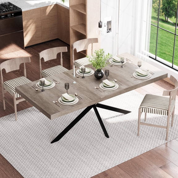 Table à Manger Rectangulaire Rétro Extensible de 55,11 Pouces à 70,86 Pouces avec Rangement Caché, Dessus Carole Gris avec Plaque Centrale Embossée de la Même Couleur, pour Salle à Manger, Cuisine et Salon, Gris