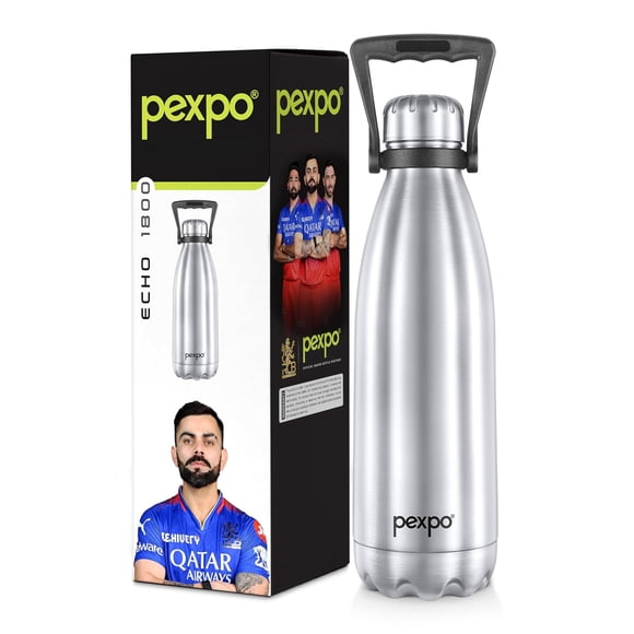 Echo 1800 Flasque en Acier Inoxydable Chaude et Froide - 1750 ml, Argent / Contenant Isotherme Isolé sous Vide - Idéal pour l'Entraînement, le Bureau, les Voyages, la Maison / Résistant aux Fuites, Double Paroi, Sans BPA