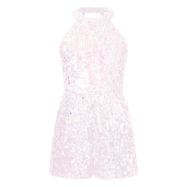Nyeemya Combinaison de Danse à Paillettes pour Filles, Col Licou, Sans Manches, Rumba Samba, Rose, 12