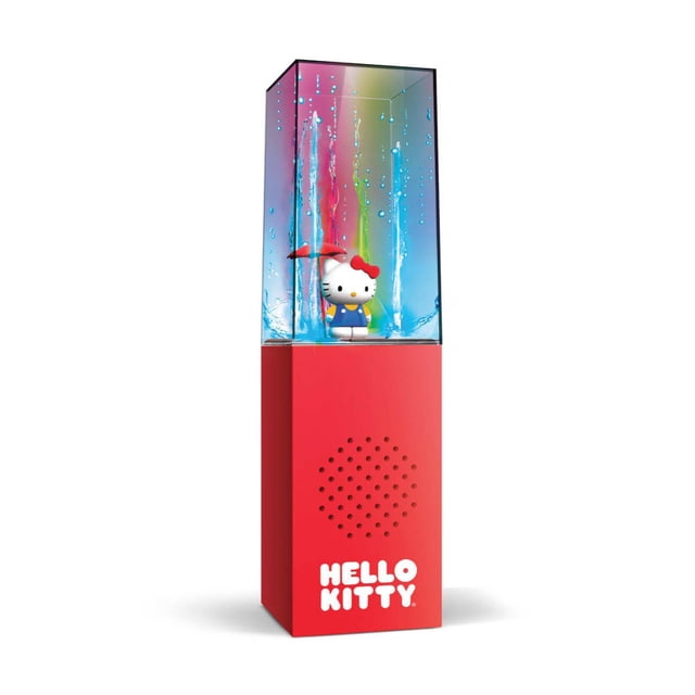 Hello Kitty Haut-Parleur Tour d'Eau Dansant à DEL avec une base Rectangulaire Rouge Alimentée par USB, Mettant en Vedette une grille de Haut-Parleur Circulaire et le logo Hello Kitty Blanc, Surmonté d'Un Château d'Eau Transparent avec des DEL Multicolores et des jets d'Eau Synchronisés, Incluant une Petite Figurine Hello Kitty Tenant un Parapluie Rouge à l'Intérieur, Idéal pour Ajouter de l'Ambiance et du style à Toute Pièce.