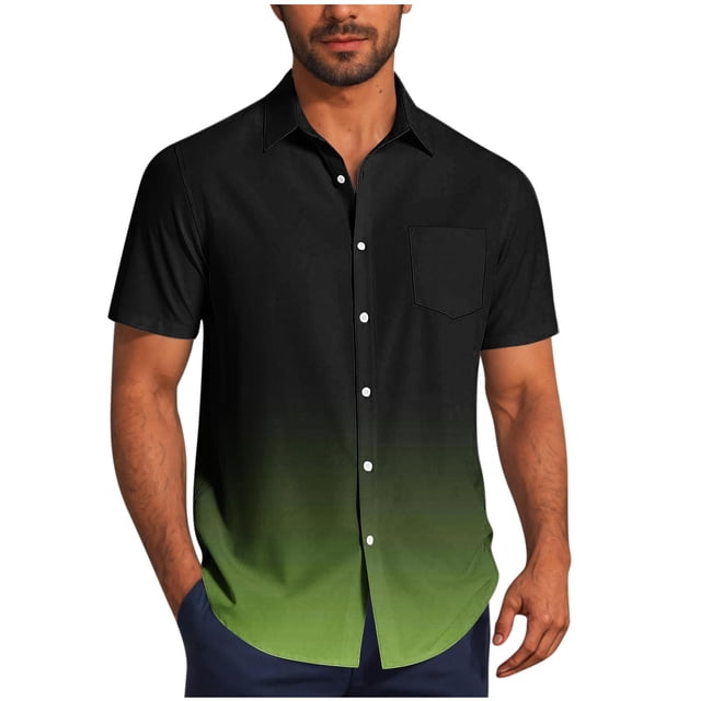 Pisexur Shirts for Man T Hommes Mode Décontractée Col Rabattu Impression Dégradée Manches Courtes Chemise Boutonnée Blouse Vert Armée, L Chemises de Golf Hommes & Chemises Hommes