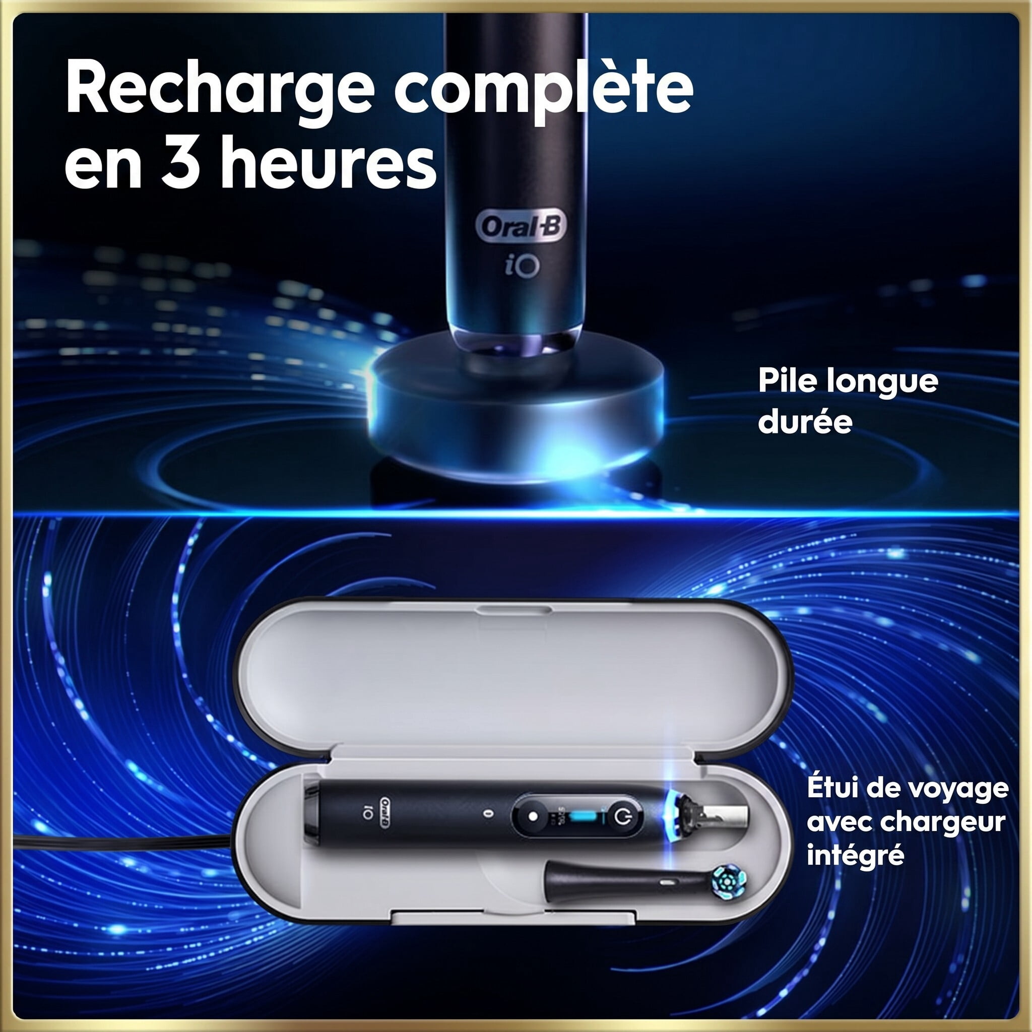 Brosse à dents électrique rechargeable Oral-B, iO9 Genius, 7 modes de nettoyage, écran interactif, étui de voyage avec chargeur intégré, détecteur de pression visible, 4 brossettes, bleu saphir