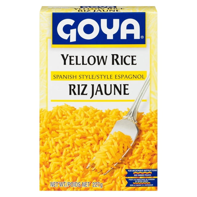 CANDESA GOYA Riz Jaune style Espagnol Riz Jaune dans une Boîte de 227 g Montrant du Riz Jaune Cuit avec une Fourchette Argentée, Assaisonné avec de l'Oignon, de l'Ail, des Épices, une Saveur de Poulet et de la Coriandre, Idéal pour les Recettes de Garde-Manger et de Riz Sauvage et de Spécialité.