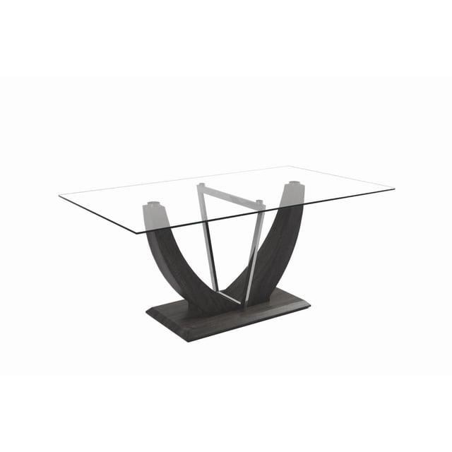 Canadian Table à Manger Rectangulaire Norway Argent avec Plateau en Verre Trempé Transparent et Cadre Inférieur en Placage de Bois Charbon Foncé, Supportée par des Pieds Courbés et des Attaches en Métal Argent, Convient à la Cuisine et aux Salles à Manger et Est Souvent Utilisée comme Espace de Travail Moderne.