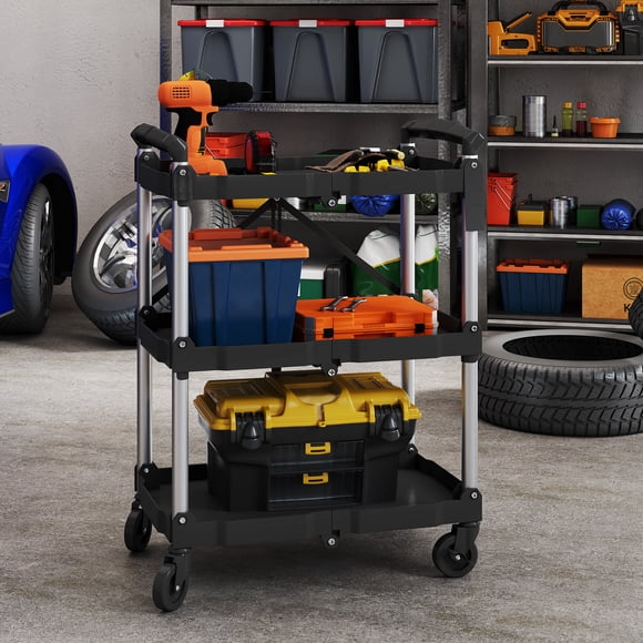 DEXTRUS 3-Tier Collapsible Utility Cart with 360° Swivel Wheels, 115 lb Load Capacity per Shelf, Portable for Home and Office